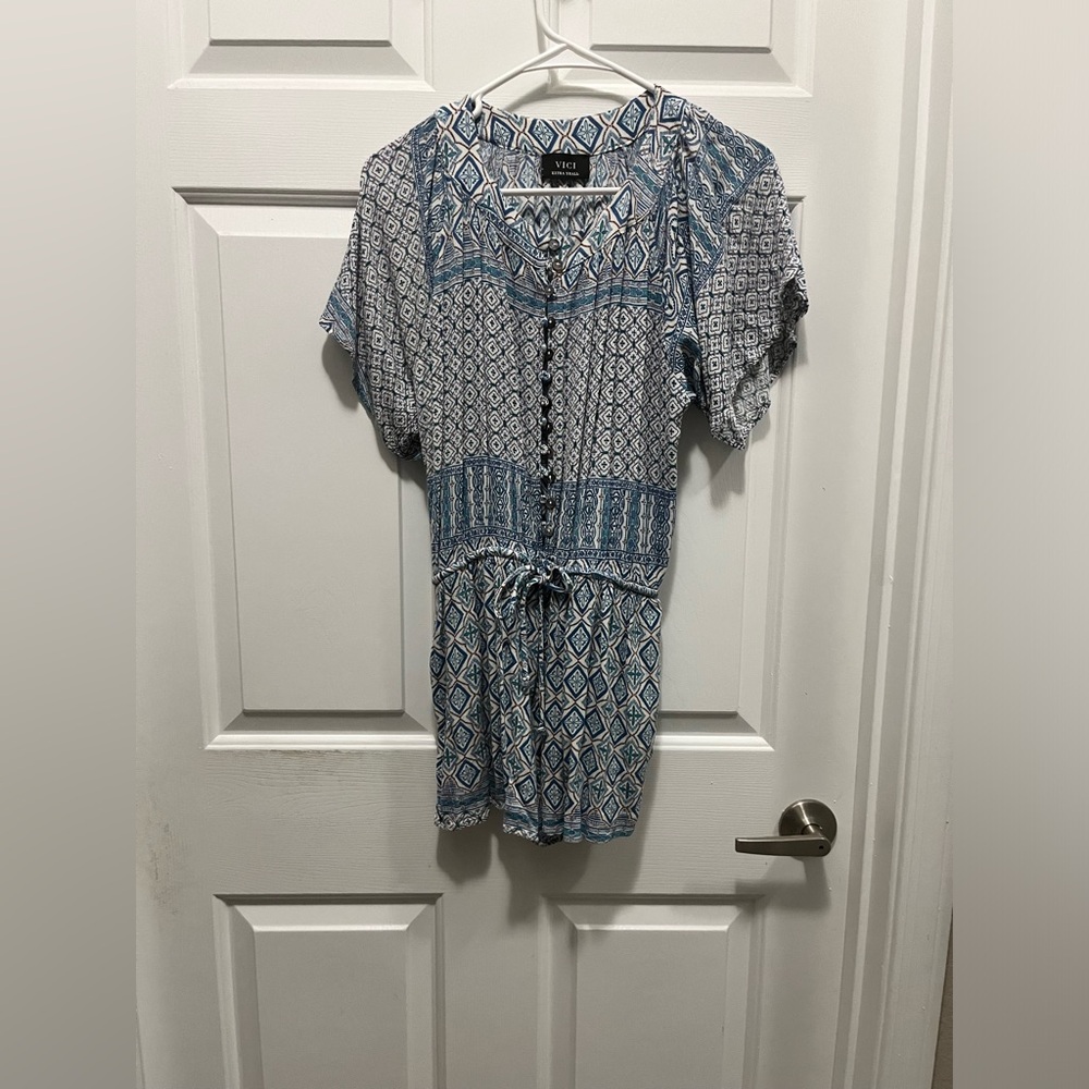VICI Blue & White Geometric Romper – Fluttery Sleeve Cutie